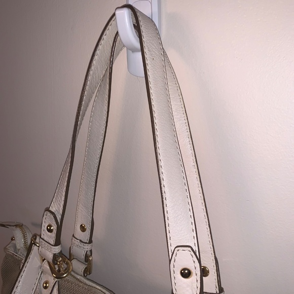 Michael Kors Gansevoort Canvas Satchel Leather Handbag Tan White - Picture 3 of 12